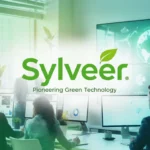 Business team analyzing eco-friendly data on digital screens with the keyword Sylveer, representing a sustainability platform for green technology.
