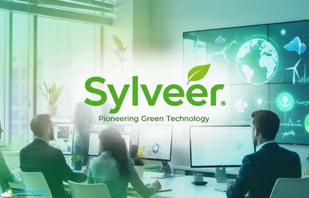 Business team analyzing eco-friendly data on digital screens with the keyword Sylveer, representing a sustainability platform for green technology.