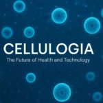 Futuristic blue digital illustration showing glowing cells and networks symbolizing Cellulogia and modern biotechnology.
