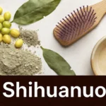 Shihuanuo herbal hair care ingredients including natural herbs, powder, and brush on neutral background — Shihuanuo.