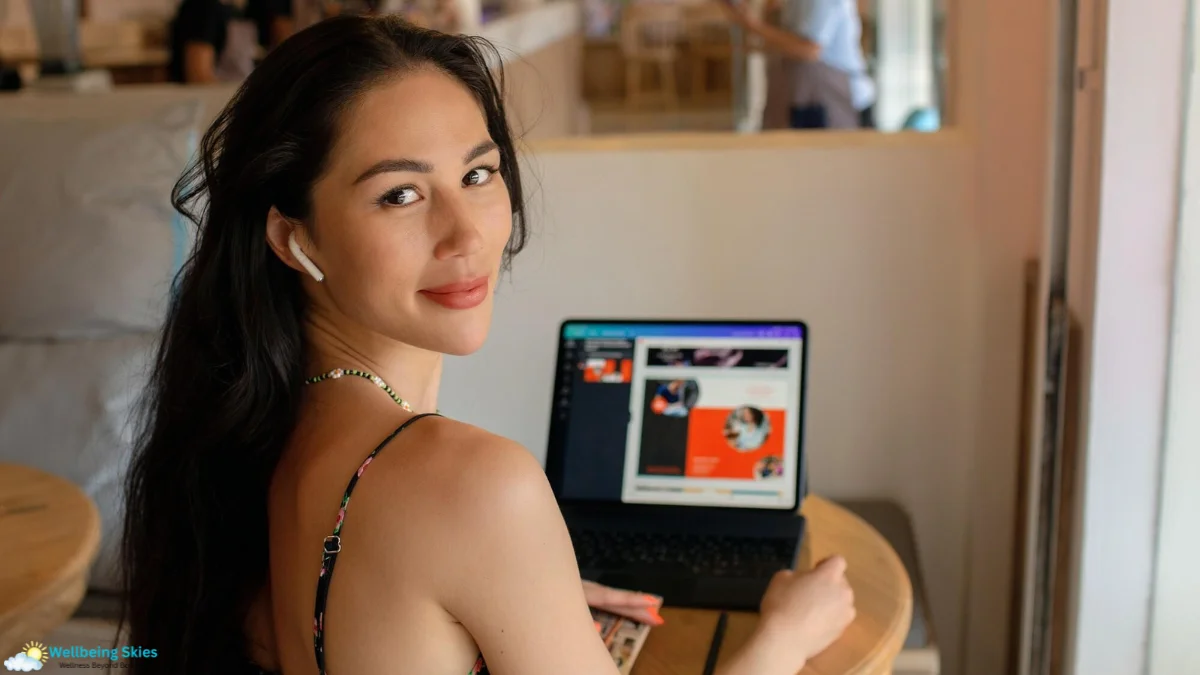 Woman working on laptop while creating Black Friday Ads in a cafe
