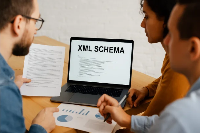 Team reviewing XML schema documentation and training materials related to xvif implementation