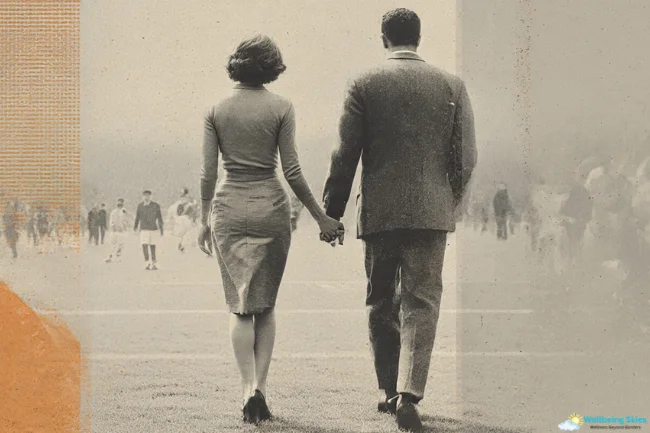 Vintage-style illustration symbolizing Miah Harbaugh and Jim Harbaugh walking hand-in-hand during their early years together.