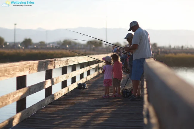 Family fishing at a lakeside with simple gear featured in the Thunderonthegulf budget-friendly fishing guide.