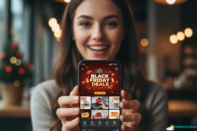 Woman holding a smartphone displaying Black Friday Ads and holiday deals