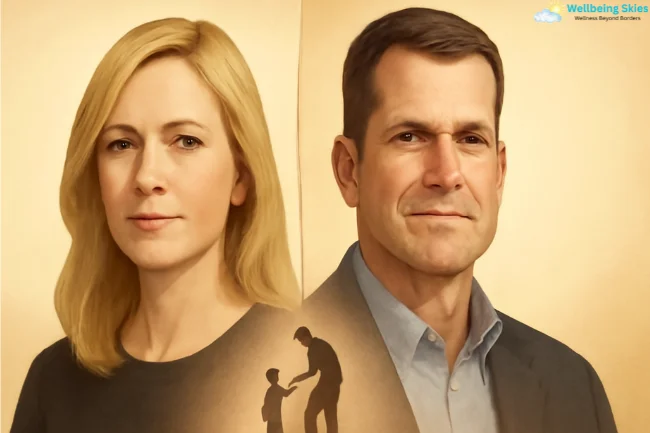Miah Harbaugh and Jim Harbaugh split portrait with a symbolic silhouette of family unity beneath.