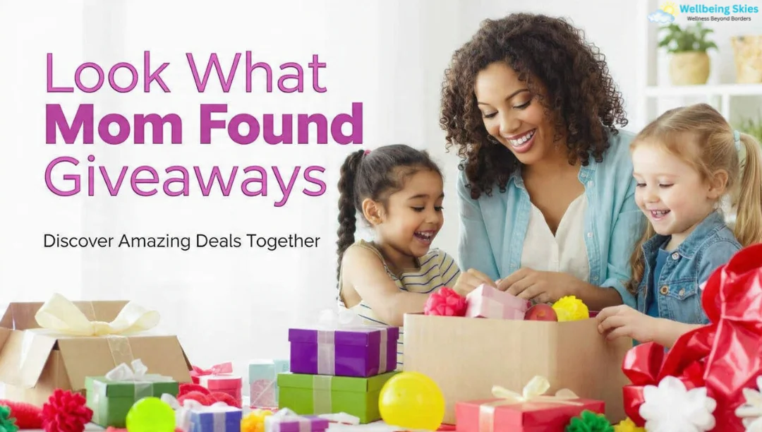 Look What Mom Found Giveaways image showing a mother and two children unboxing colorful gift items together.