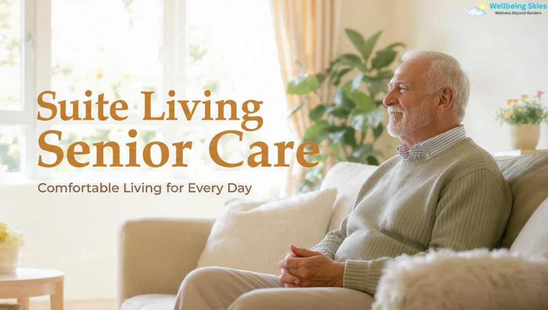 Elderly man relaxing in a bright, cozy apartment-style suite living senior care environment.