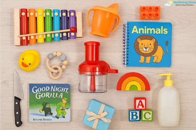 Look What Mom Found Giveaways flat lay image featuring toys, books, kitchen gadgets, baby items, and colorful gift products.