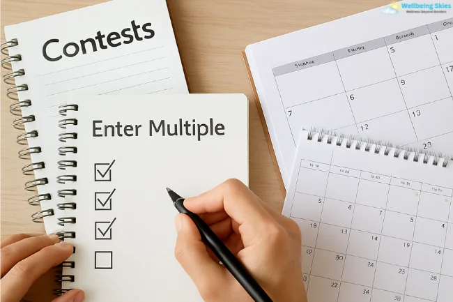 Look What Mom Found Giveaways planning image with a person checking multiple contest entries on a planner and calendar.