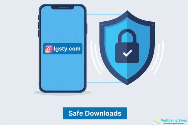 Safe downloads with igsty.com - Download Instagram content securely with a mobile phone and shield symbol.