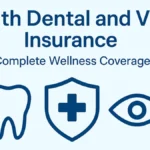 health dental and vision insurance graphic showing tooth, medical shield, and eye icons for complete wellness coverage