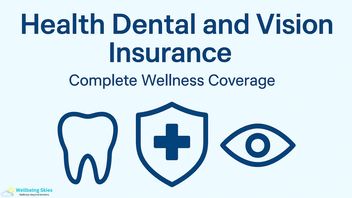 health dental and vision insurance graphic showing tooth, medical shield, and eye icons for complete wellness coverage