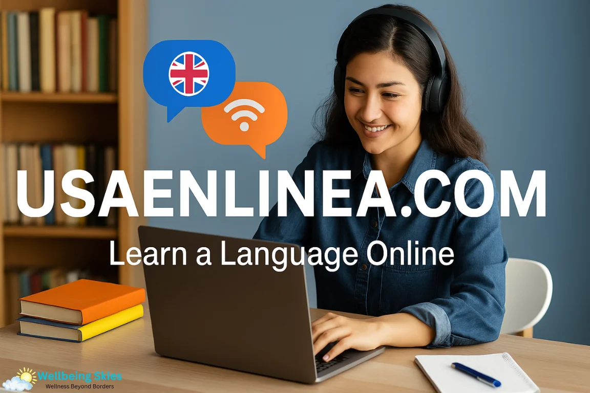 A student learning languages online using Usaenlinea.com with headphones and a laptop in a modern study environment.