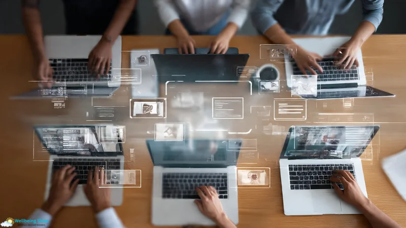 Team working on laptops with digital dashboards representing Fidzholikohixy collaboration and modern workflow tools.