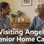 Visiting Angels senior home care caregiver smiling and supporting an elderly man during an in-home visit