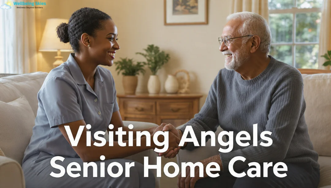 Visiting Angels senior home care caregiver smiling and supporting an elderly man during an in-home visit