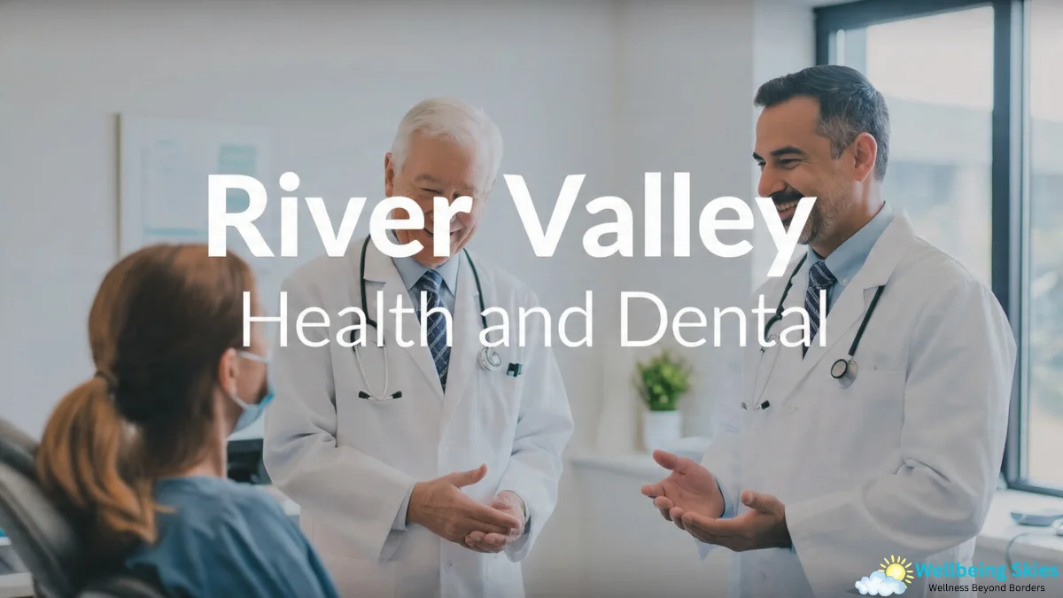 River Valley Health and Dental: Healthcare providers discussing with a patient in a medical and dental office.