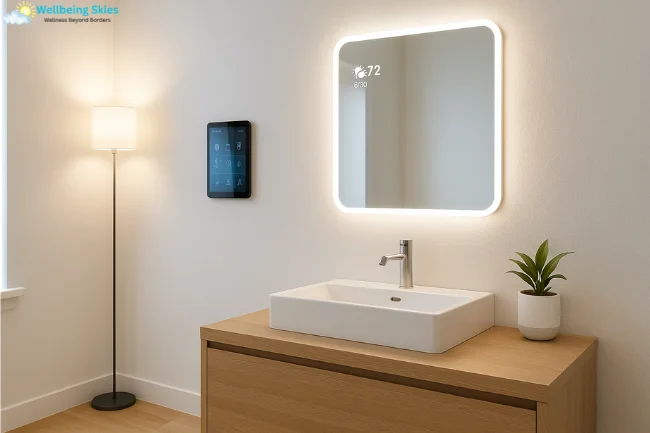 Decoradtech smart mirror and wall-mounted tablet setup in a modern minimalist bathroom with ambient lighting