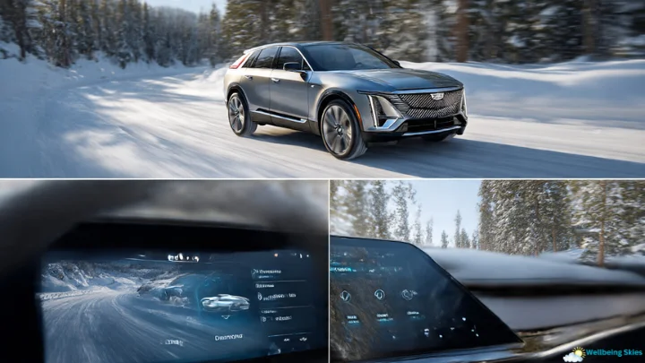 Cadillac Lyriq driving through snowy terrain with its digital dashboard showing driving mode options, showcasing its advanced technology and performance.