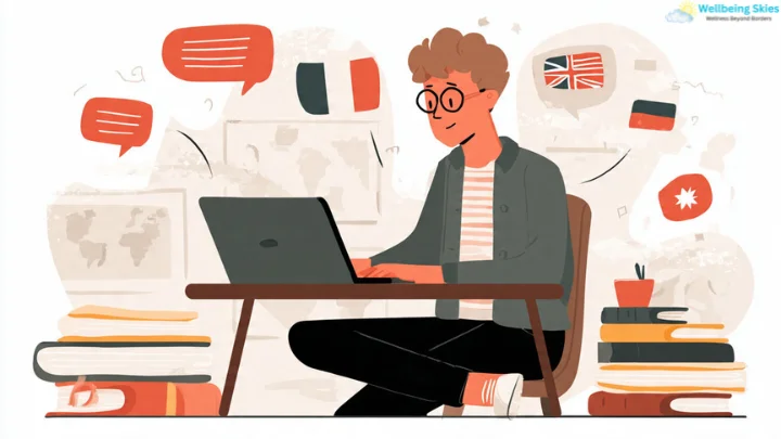 A student learning multiple languages online using Usaenlinea.com, surrounded by books and international flags on a laptop screen.