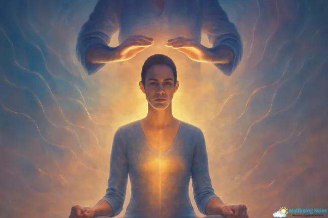 Kialodenzydaisis Healing - A person meditating while receiving energy healing with light flowing towards the body.