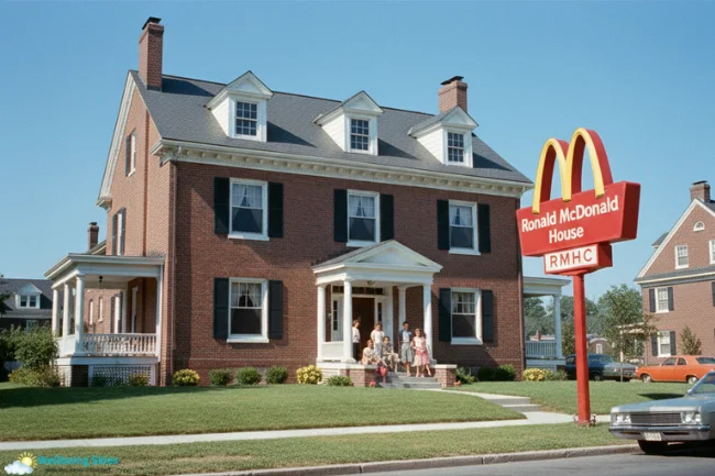 Early Ronald McDonald House building with families outside, representing the humanitarian legacy connected to Marilyn Kroc Barg.