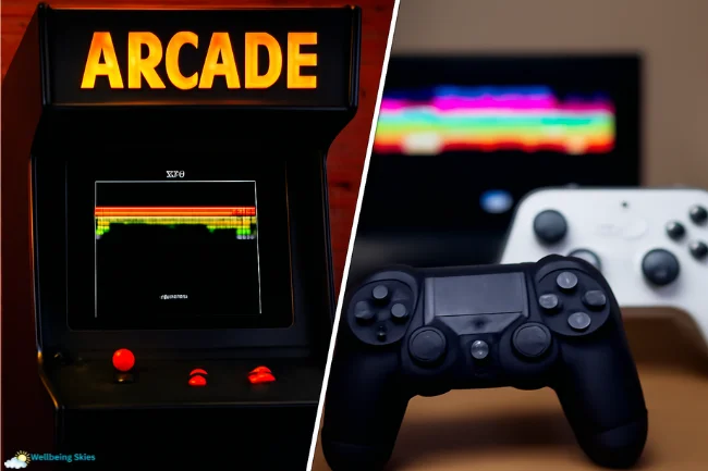 Google Block Breaker legacy shown through retro arcade machine and modern gaming controllers.