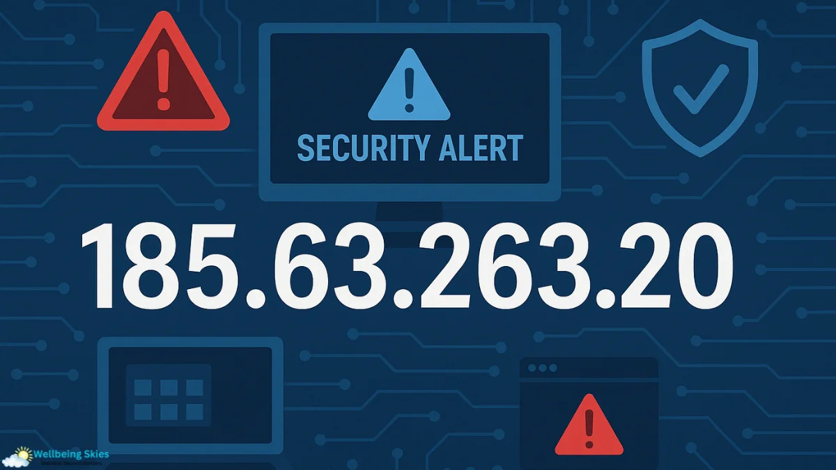 Security alert graphic showing the flagged IP address 185.63.263.20 and cybersecurity warning icons.