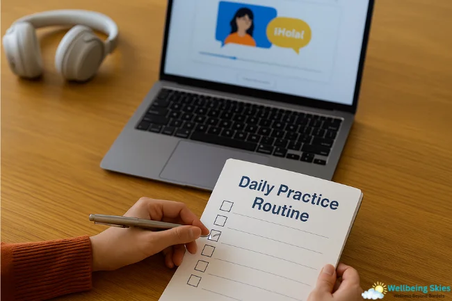 A learner checking a daily practice routine checklist while studying on a laptop using Usaenlinea.com.
