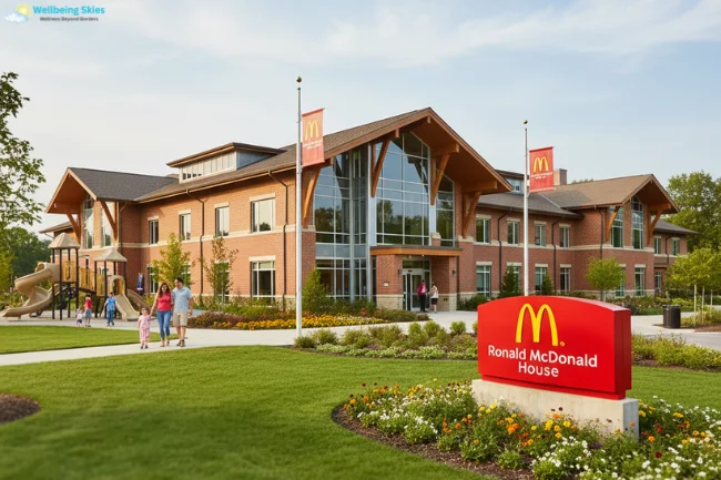 A modern, welcoming Ronald McDonald House building, symbolizing the global philanthropic legacy of Marilyn Kroc Barg after her passing.