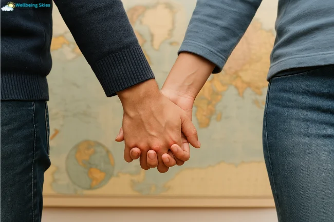 Symbolic image representing Anne Steves and her family life, showing two people holding hands in front of a world map.