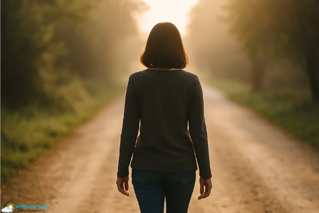 Symbolic image representing Anne Steves embracing a private life, showing a lone woman walking quietly on a peaceful path.