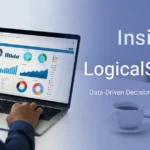 Person analyzing data dashboards on a laptop with the Insights LogicalShout interface displayed, representing data-driven decision-making.