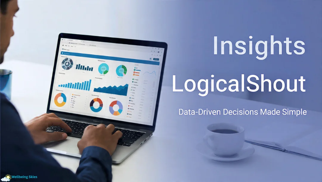 Person analyzing data dashboards on a laptop with the Insights LogicalShout interface displayed, representing data-driven decision-making.