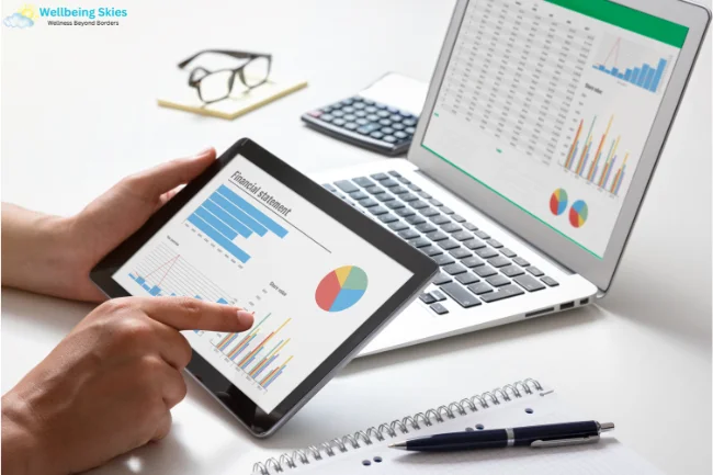 Person reviewing financial charts on a tablet and laptop, illustrating how Insights LogicalShout supports clear, data-driven decision-making.