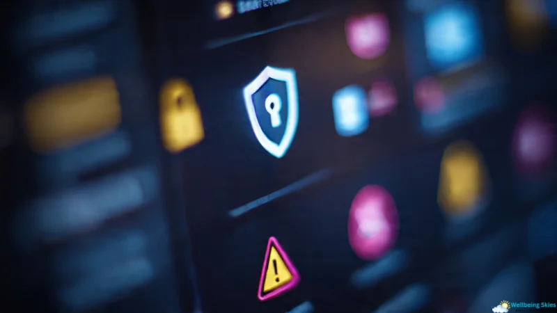 Coomer su cybersecurity warning symbols on a digital screen with lock and alert icons