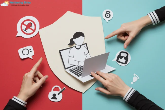 Digital privacy and online protection concept with a laptop user surrounded by security icons, referencing IP address 185.63.263.20.