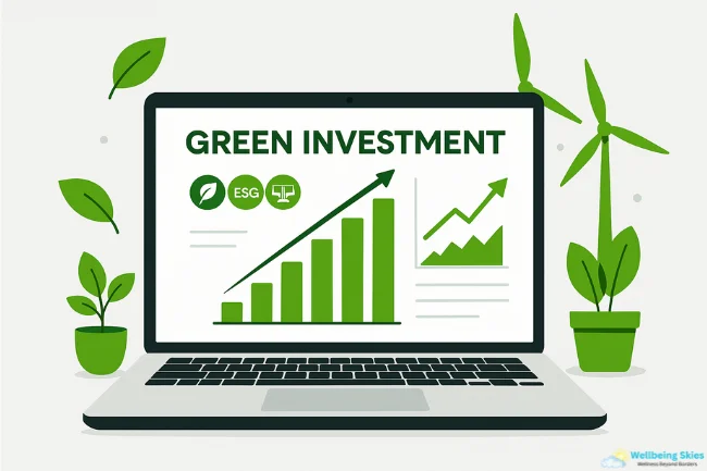 Laptop screen showing green investment charts, ESG icons, and eco elements representing the sustainable investing approach taught by MyGreenBucks Kenneth Jones.