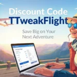 Woman happily booking flights using discount code ttweakflight on a laptop with a mountain view and airplane.