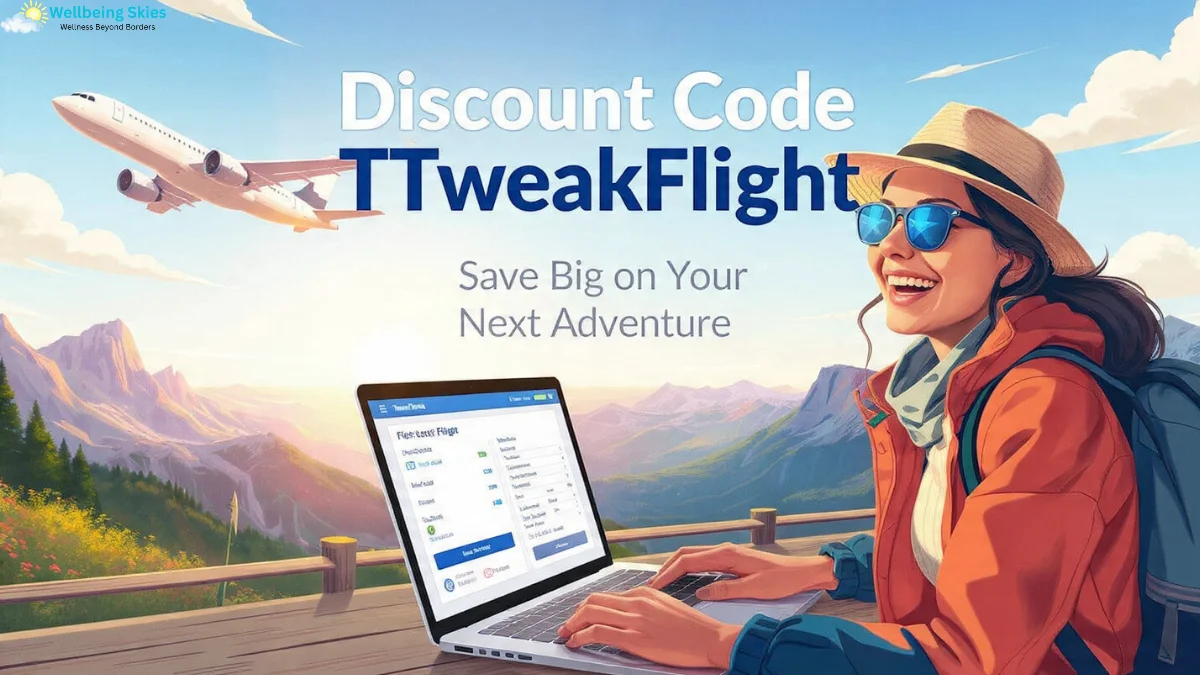 Woman happily booking flights using discount code ttweakflight on a laptop with a mountain view and airplane.