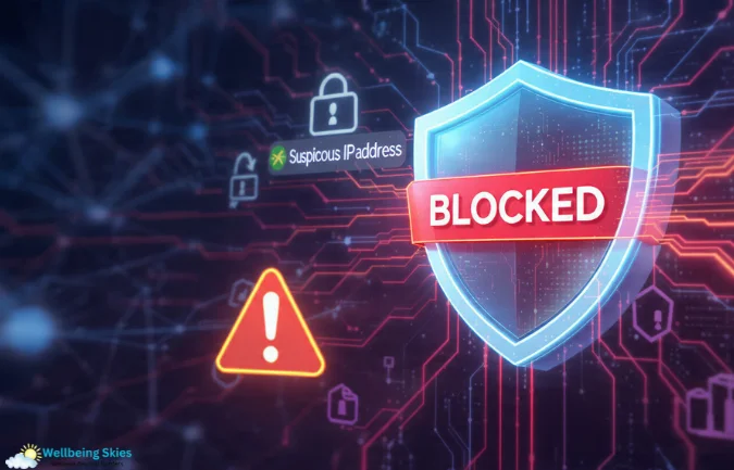 Digital security shield showing a suspicious IP address being blocked with warning icons and network background.