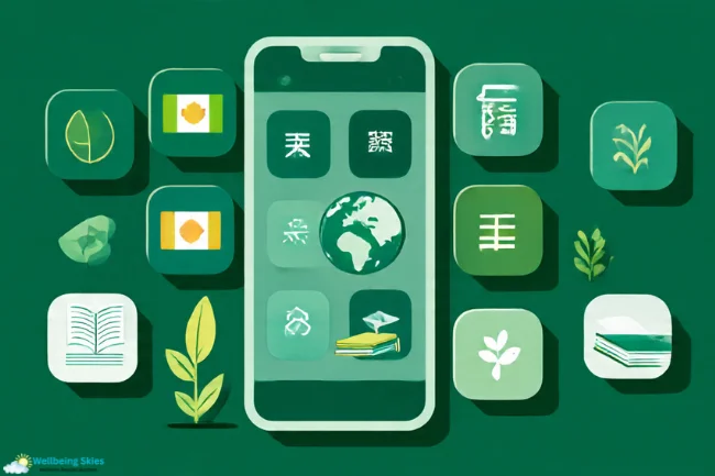 Illustration of a green-themed mobile app interface with eco icons, language symbols, and global elements representing the future expansion of MyGreenBucks Kenneth Jones.