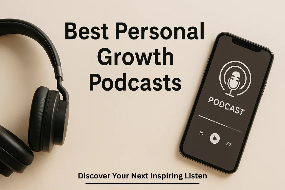 Headphones and smartphone podcast setup with bold text promoting Signs of Personal Growth content.