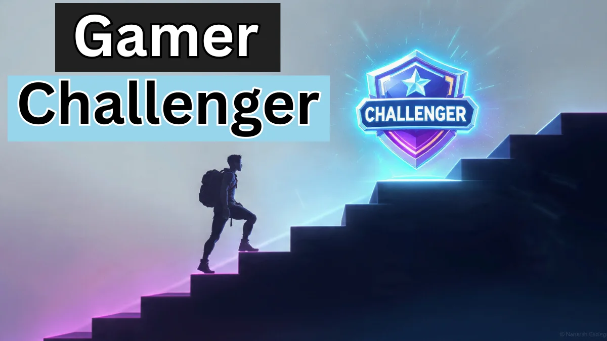Gamer Challenger concept showing a player climbing steps toward a glowing challenger rank badge
