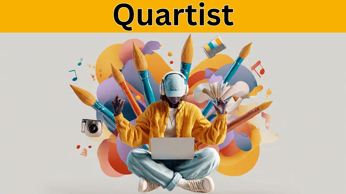 Quartist concept visual showing a multi-disciplinary creator using a laptop surrounded by art tools, music icons, and colorful abstract elements.
