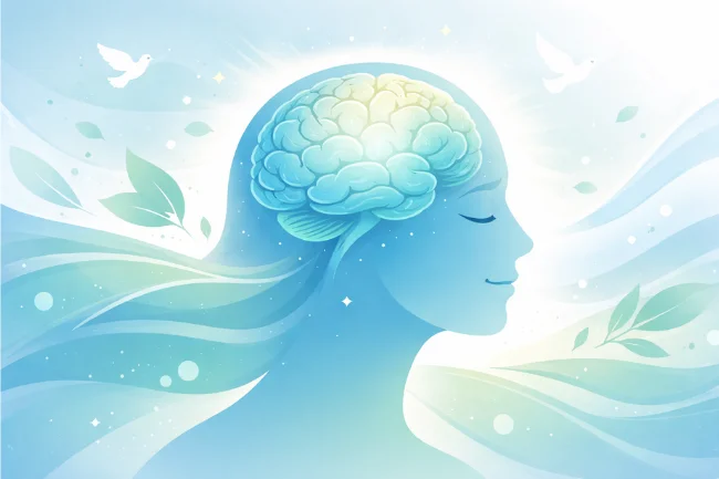 Depomin82 effects on mental health shown through a calm human mind and balanced brain illustration