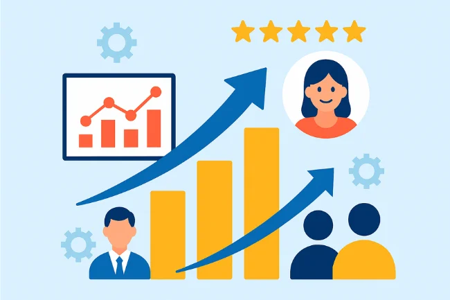 Illustration showing business growth, happy customers, and rising performance metrics to represent the benefits of Eo PIS.