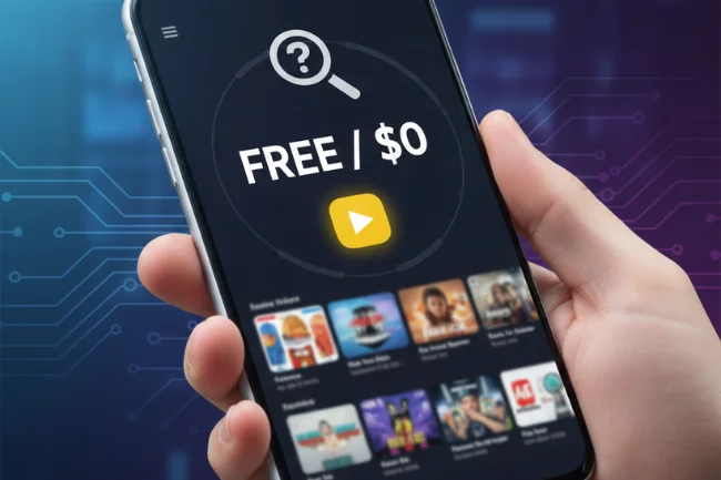 Mywape concept image showing a smartphone with free $0 streaming content and play icon.