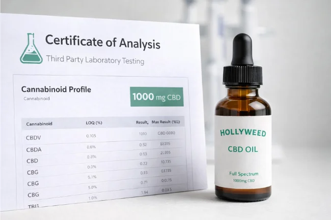 Huile CBD Hollyweed CBD oil bottle displayed with third-party laboratory Certificate of Analysis for quality testing